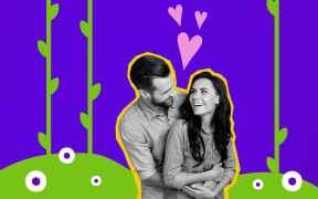 Collage picture of two peaceful black white colors partners cuddle laughing drawing heart symbol plant isolated on purple background.