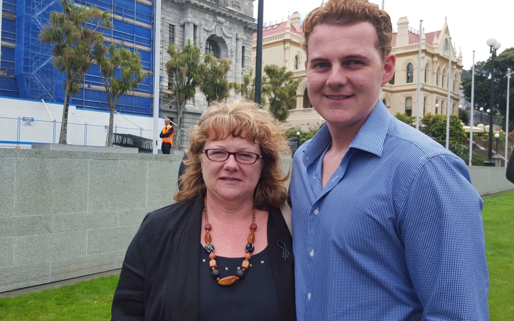 A patient with advanced melanoma, Jeff Patterson, at Parliament with his mother, Anita Woodger.