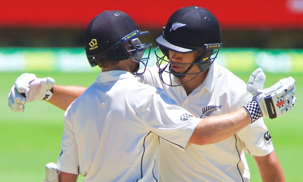 Kane Williamson and Ross Taylor celebrate Williamson's century, Perth 2015.