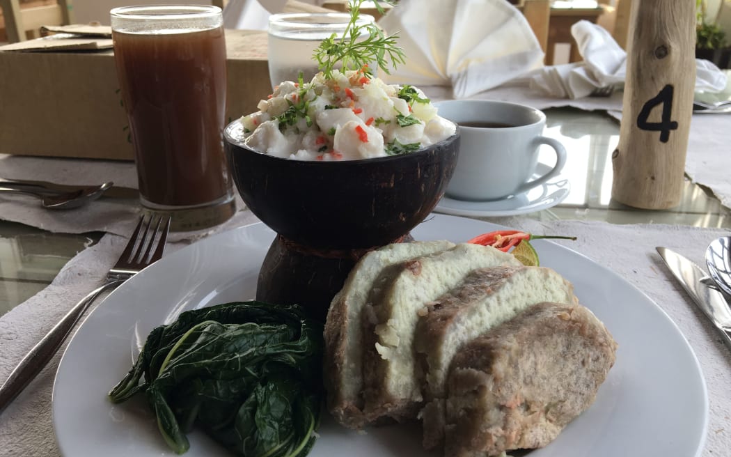 A Fijian restaurant meal of kokoda, dalo and cassava