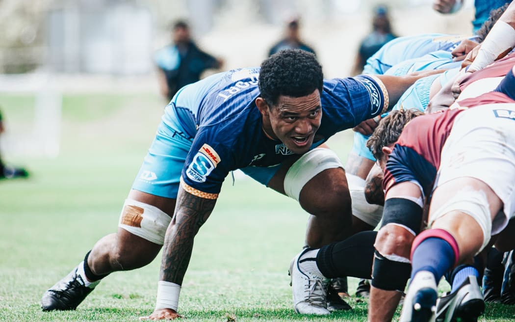 Moana Pasifika's Sione Haviliti Talitui on the side of the scrum against the Highlanders at the North Harbour Stadium on Friday. Photo: Moana Pasifika.
