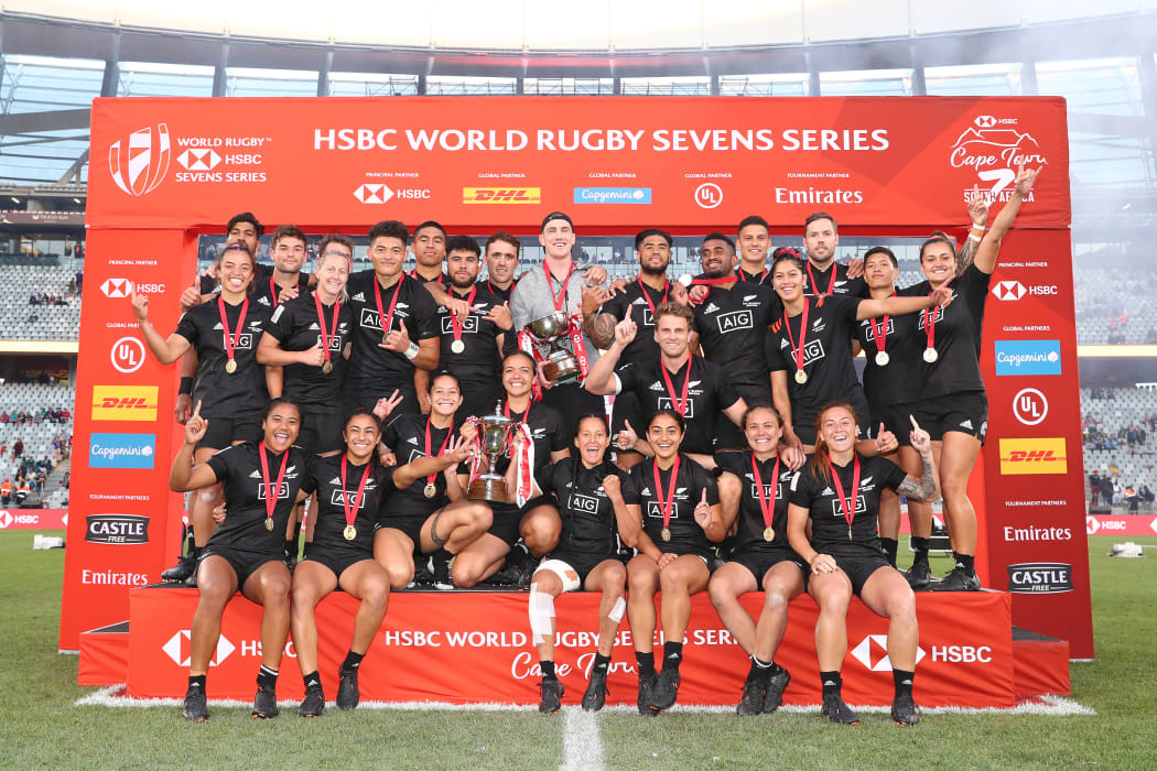 New Zealand celebrate a clean sweep at the Cape Town Sevens.