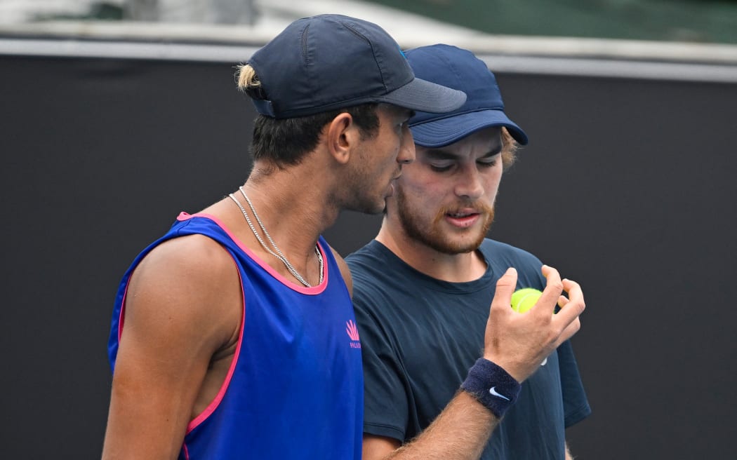 New Zealanders Ajeet Rai, left, and Finn Reynolds during a match at the ASB Classic in Auckland. 11 Jan, 2023. (Mandatory credit: Alan Lee / www.photosport.nz)