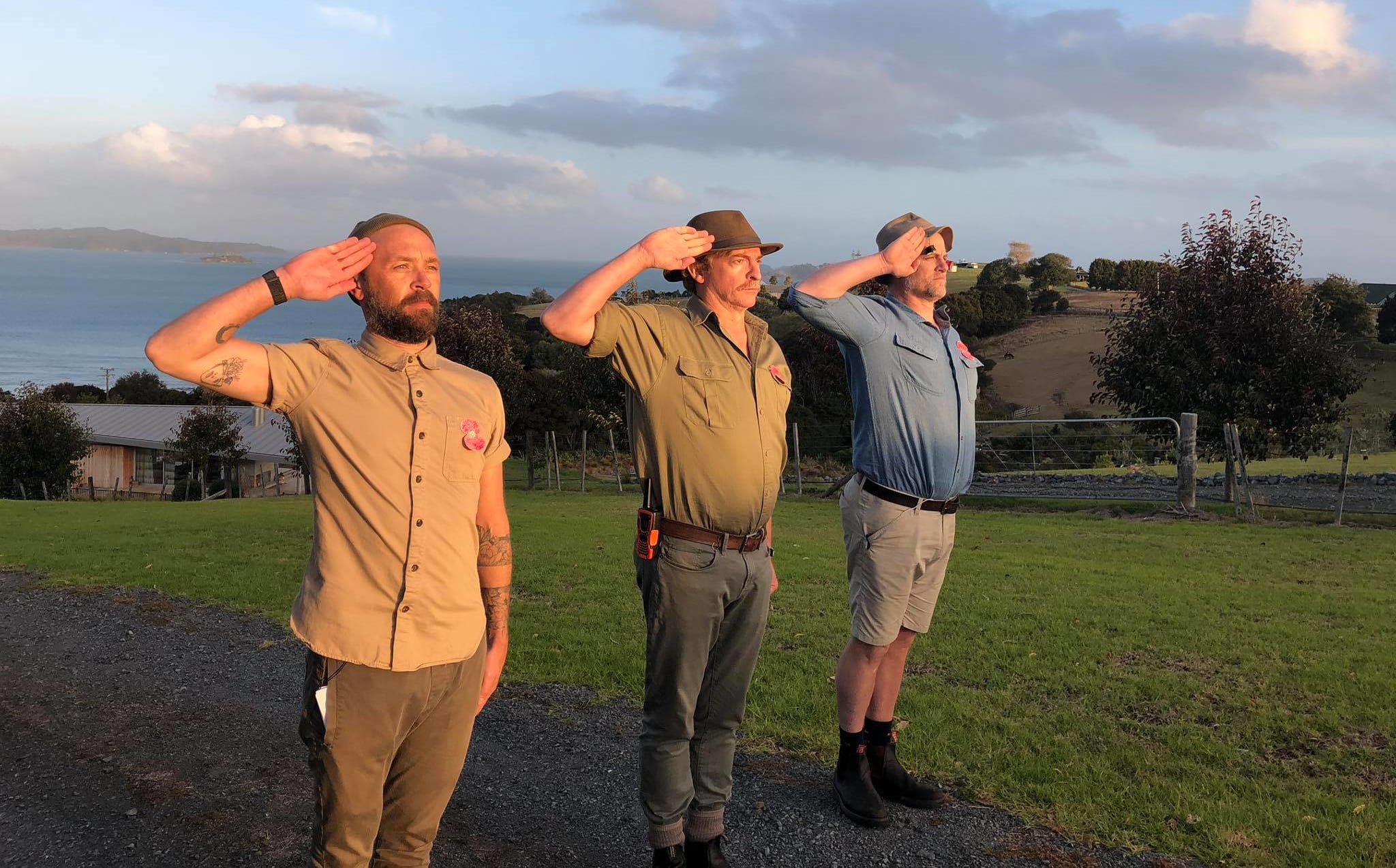 Rhys Darby (c) and friends filming the ANZAC day special of new lockdown series The Alone Ranger
