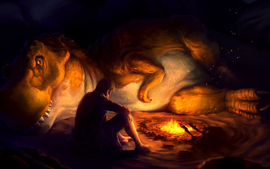 Tyrannosaurus lays beside campfire with human.