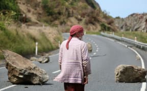 Pete walking down State Highway 1, north of Kaikōura.