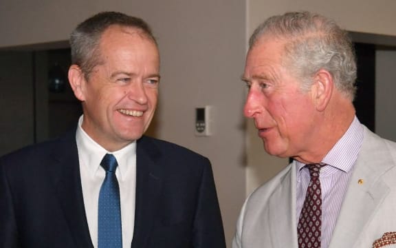 Britain's Prince Charles (R) is seen talking to the Australian Leader of the Opposition, Bill Shorten (L) on the Gold Coast on April 5, 2018.