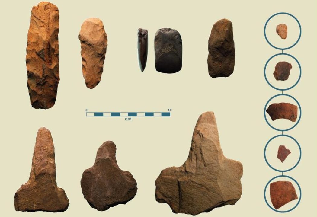 Wanelek archaeological site in Papua New Guinea, including large stone axes and hoeing agricultural tools, along with early 3000 year old pottery.