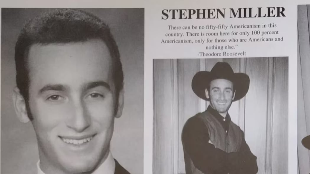 A page from Stephen Miller's yearbook includes a quote about "100 per cent Americanism".