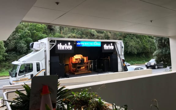Kemp English performs in mobile organ truck