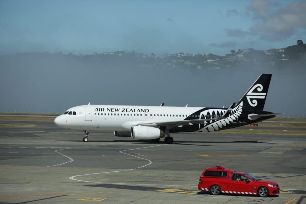 An Air New Zealand plane at Wellington Airport as fog causes delays and cancellations.
