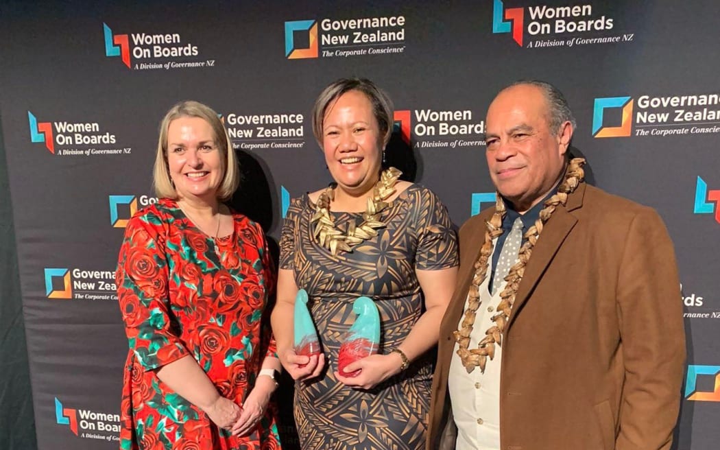 Meleane Burgess, centre, with Minister for Women Jan Tinetti, left, and Minister for Pacific Peoples Aupito William Sio.
