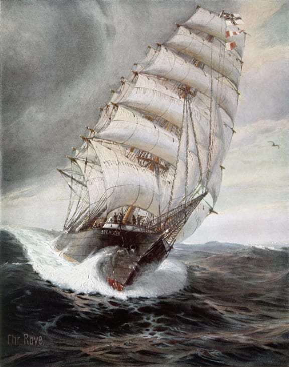 A painting of SMS Seeadler, the triple-masted windjammer Von Luckner captained during WWI
