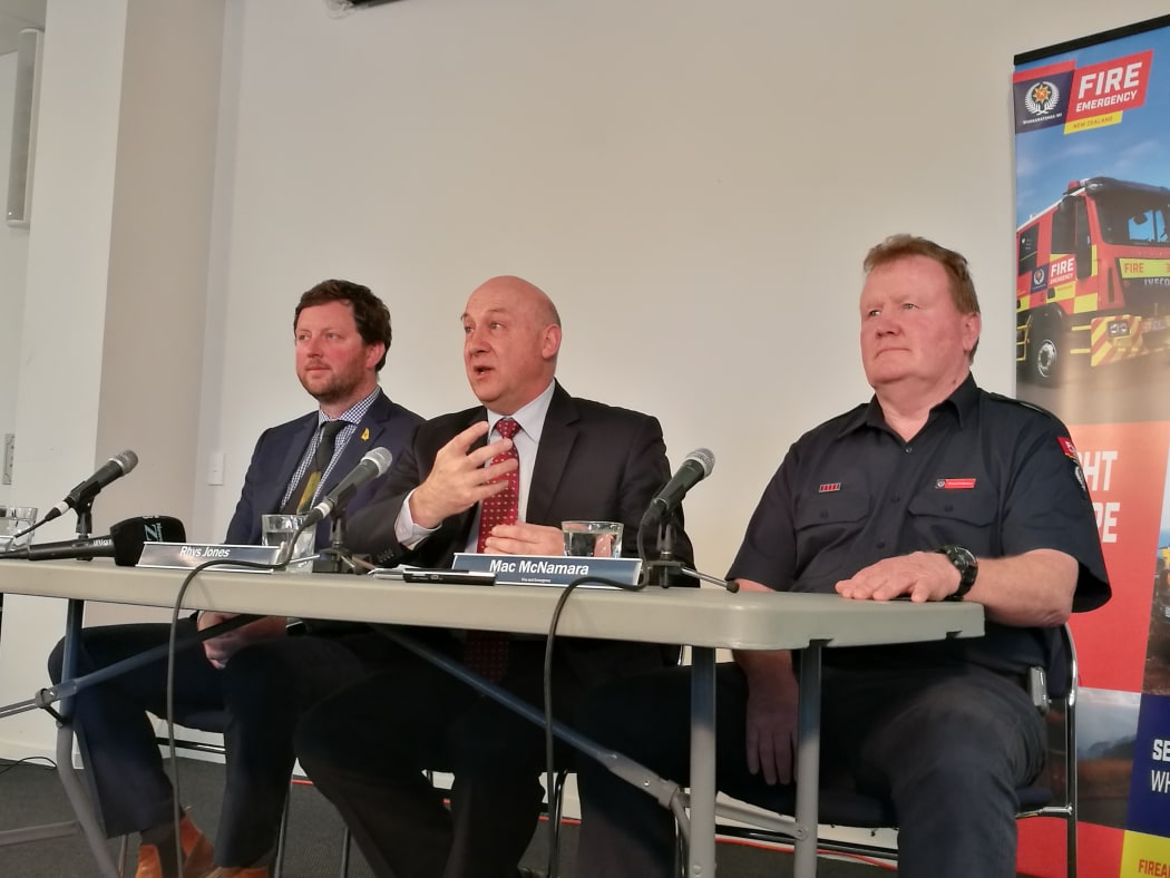 Officals at the Port Hills fire briefing (from left) Selwyn Mayor Sam Broughton, Fire and Emergency chief executive Rhys Jones and Richard (Mac) McNamara, Fire and Emergency rural manager.