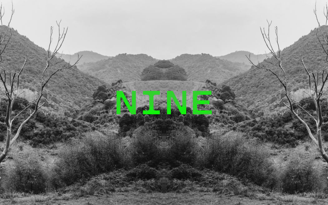Podcast episode image for the 'Mr Lyttle Meets Mr Big' podcast. A moody black and white photograph of a country valley is mirrored vertically creating a Rorschach like effect with the episode number 'NINE' overlaid in vibrant green.