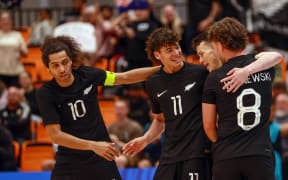 Dylan Manickum (Left) has celebrated his record breaking 60th game for New Zealand leading the side into the semi-finals at the OFC Futsal Nations Cup 2023 in Auckland.