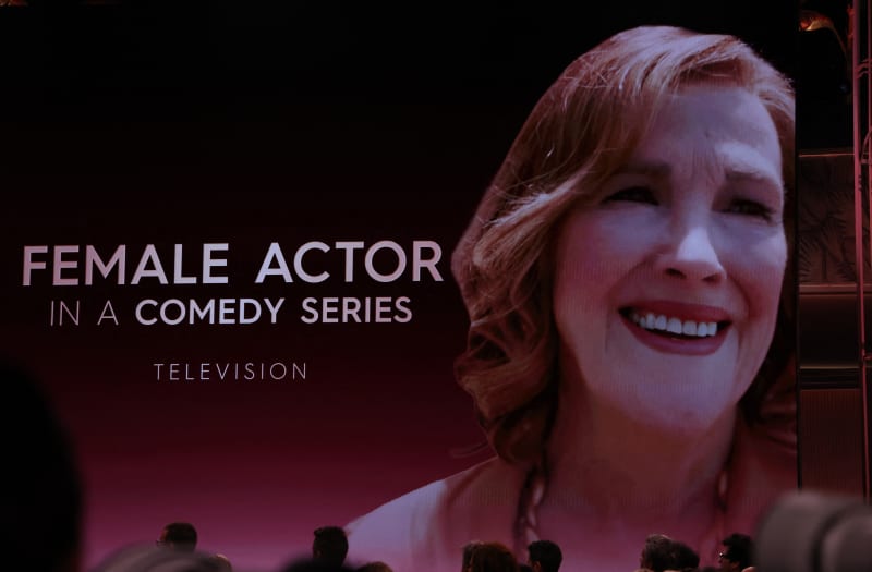 A screen shows late US-Canadian actress Catherine O'Hara after she was awarded with the award for Outstanding Performance by a Female Actor in a Comedy Series for The Studio.