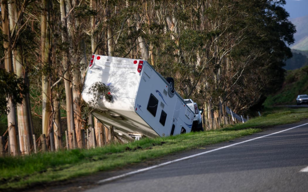 A campervan overturned Campervan in Eketahuna.