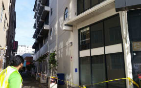 The evacuated ANZ building, with the flat vertical concrete panelling that is causing concern.
