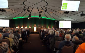 Fletcher Building chair Sir Ralph Norris talks to shareholders at the company's AGM in Auckland.