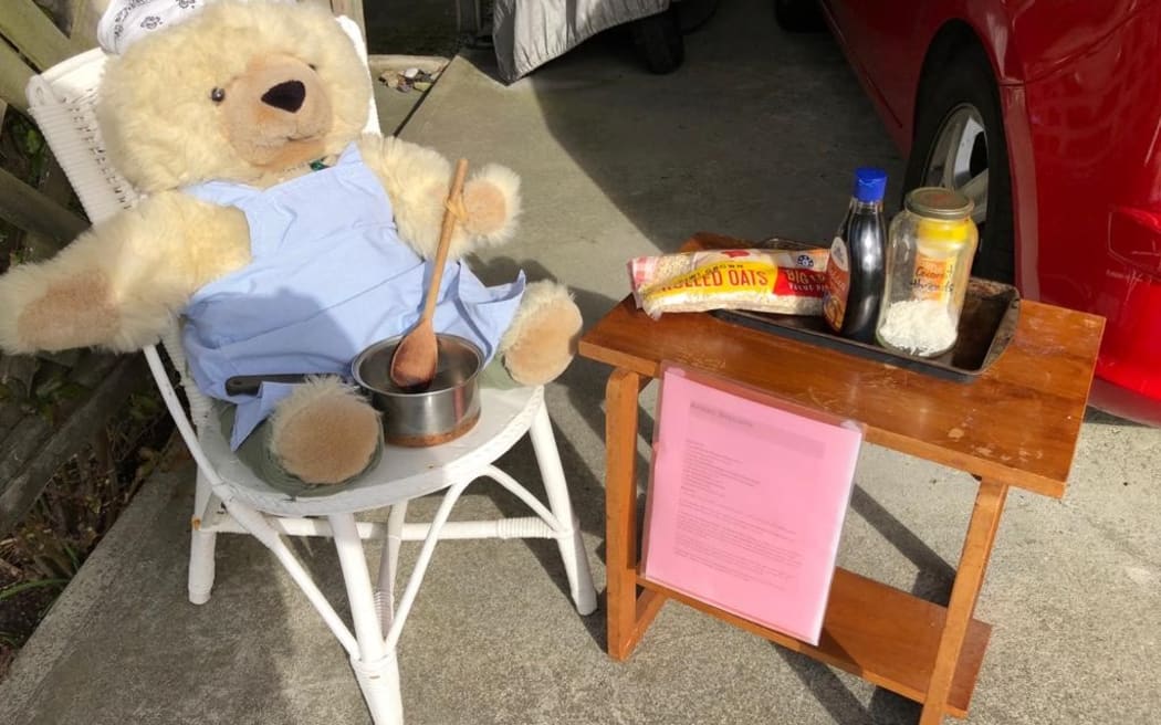 Chester the teddy bear getting ready to make Anzac biscuits.