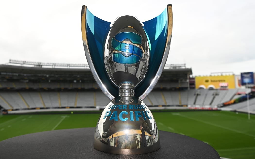 The Super Rugby Pacific trophy on display at Eden Park today ahead of tomorrow's sold out final at Eden Park. Friday 17 June 2022. © Copyright photo: Andrew Cornaga / www.photosport.nz