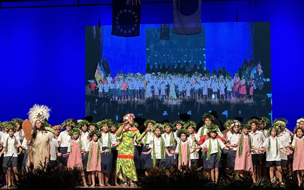 Cook Islands children perform to welcome delegates at the opening ceremony of the 52nd Pacific Islands Leaders Meeting in Rarotonga. 6 November 2023.