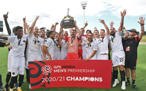 Team Wellington celebrate victory with the trophy, Men's football Premiership Grand Final 2021.