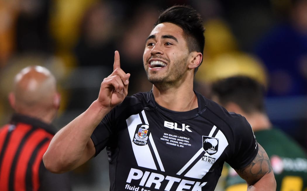 Shaun Johnson celebrates his try during the New Zealand Kiwis v Australia Kangaroos Four Nations Rugby League Final. 2014.
