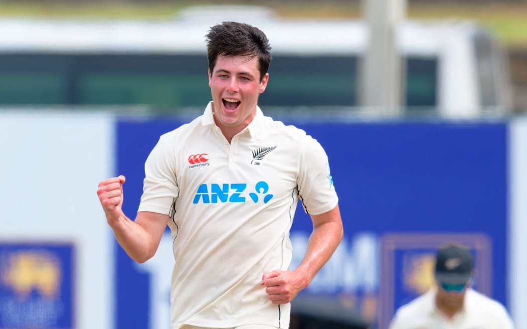 New Zealand bowler Will O'Rourke celebrates a wicket in India, 2024.