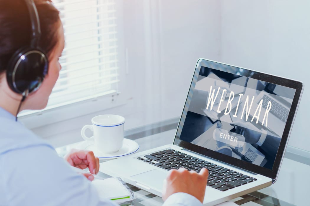 Woman watching webinar online on computer, business education concept, coaching.