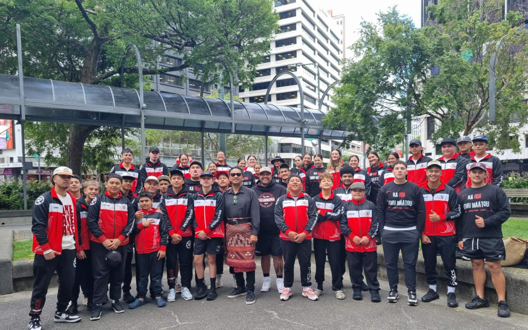 HTapeta Wehi (centre) at Midland Park with students from Te Wharekura o Rakaumangamanga who have traveled down from Huntly.