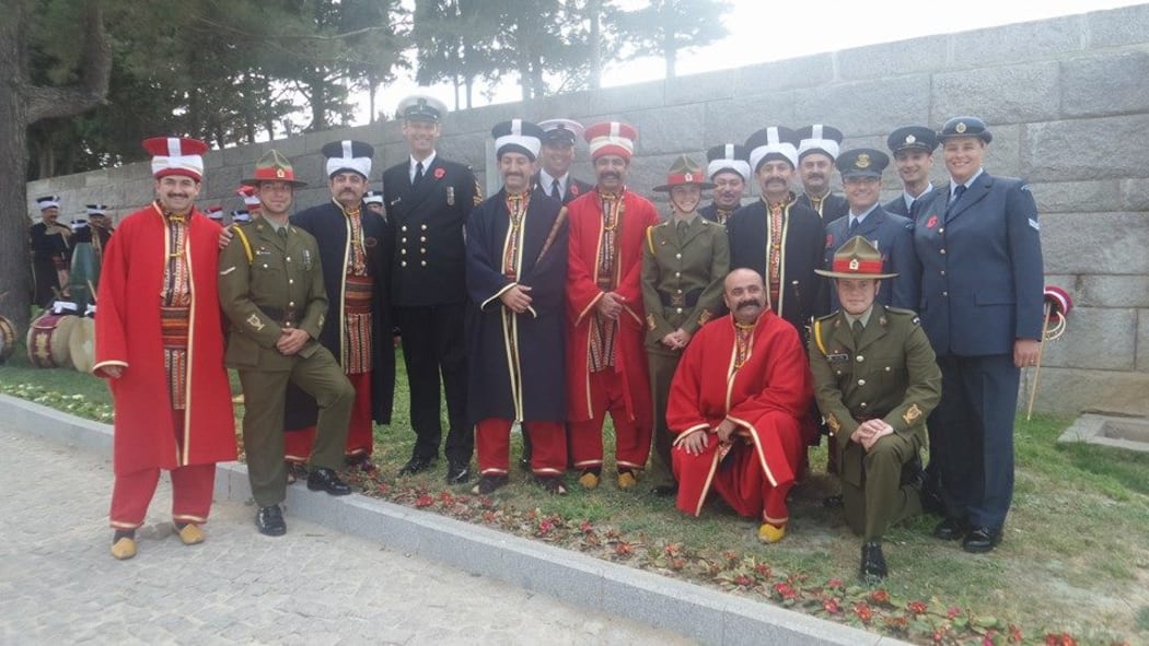 Royal New Zealand Navy Band with members of Turkish Military Band at Turkish memorial on Cape Helles