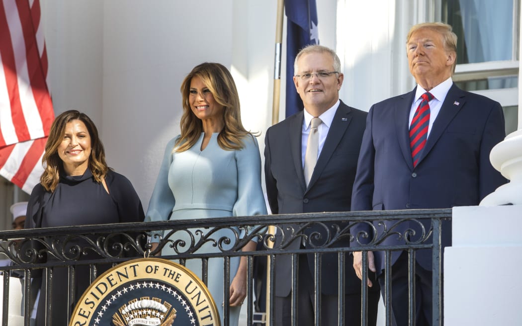 US President Donald J Trump (R) and First Lady Melania Trump (C-L) welcome Prime Minister of Australia Scott Morrison (C-R) and his wife, Jenny Morrison (L), to the White House for a state arrival ceremony in Washington, DC, USA, 20 September 2019.