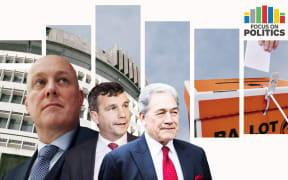 Focus on Politics: Collage of Christopher Luxon, David Seymour, and Winston Peters with Beehive and ballot box in background