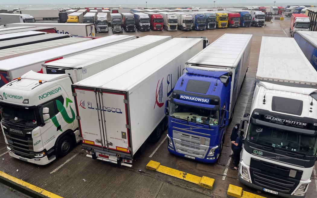 Parked-up freight trucks at the Port of Dover in Kent, south east England on December 21, 2020.