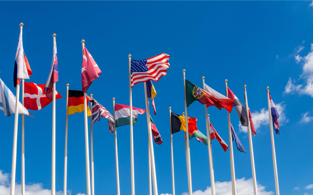 National flags on the masts. The flags of the United States, Germany, Belgium, Italia,Israel, Turkey