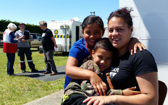 Koko Lambert with her daughter Tiara, 7, and son Elijah, 6, at the Ward emergency welfare centre.