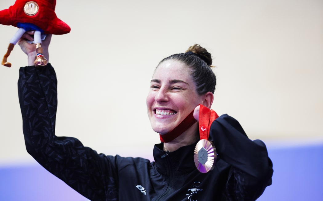 Women’s C5 3000m Individual Pursuit Podium - Nicole Murray (New Zealand) on the podium receiving the Paralympic Bronze Medal, 2024.