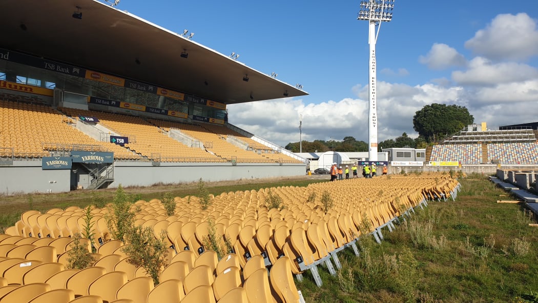 West Stand seats have been stacked on the pitch while repairs are done.