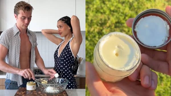Nara Smith with her husband, Lucky Blue Smith, mixing up homemade sunscreen.