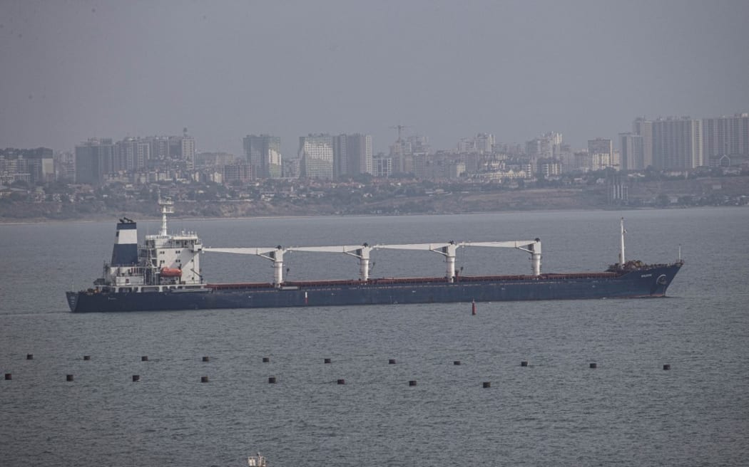 ODESSA, UKRAINE - AUGUST 01: Sierra Leone-flagged dry cargo ship Razoni departs from port of Odesa in Odessa, Ukraine on August 01, 2022 as part of a recent grain export deal signed between Turkiye, the UN, Russia, and Ukraine and expected to reach Istanbul tomorrow. Metin Aktas / Anadolu Agency (Photo by Metin Aktas / ANADOLU AGENCY / Anadolu Agency via AFP)