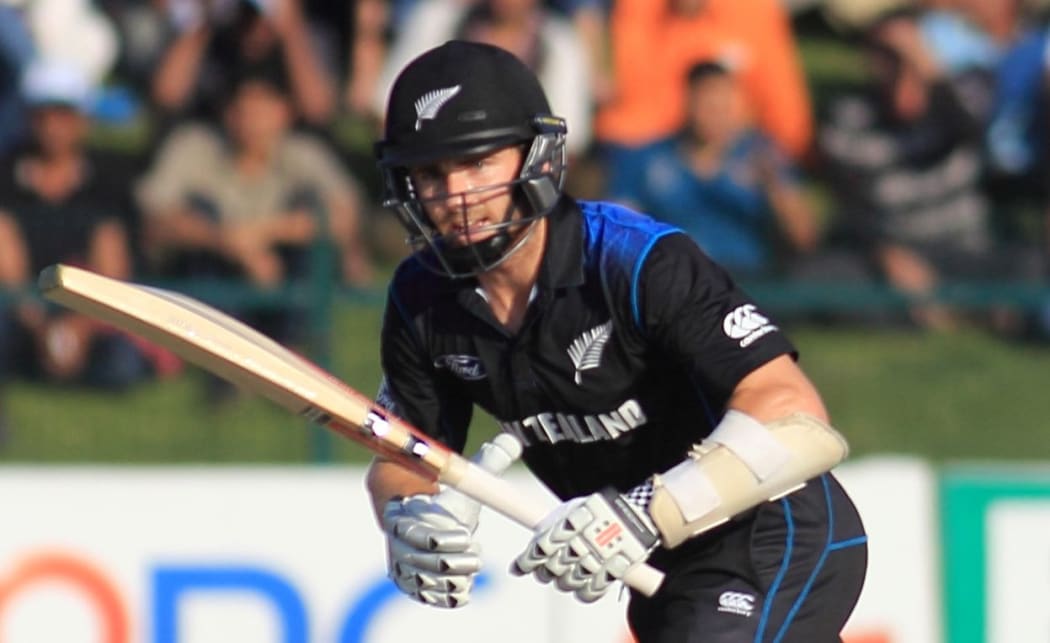 The Black Caps Kane Williamson plays a shot in the 5th ODI in Abu Dhabi. 2014.