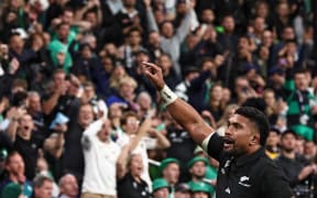 New Zealand's number eight Ardie Savea celebrates after scoring a try during the France 2023 Rugby World Cup quarter-final match between Ireland and New Zealand at the Stade de France in Saint-Denis, on the outskirts of Paris, on 14 October, 2023.
