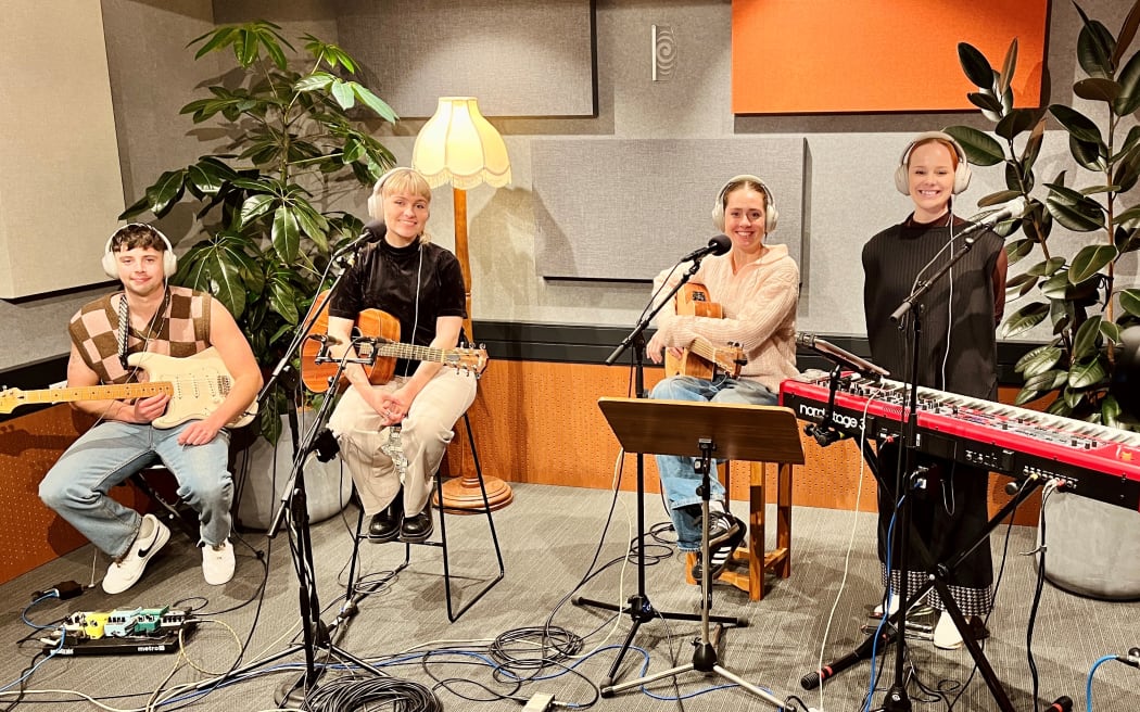 Amber Carly Williams and her band in the Christchurch studio for NZ Live. Left to right: Liam Makinson, Amber Carly Williams, Zoe Hunter, Georgie Clifford.