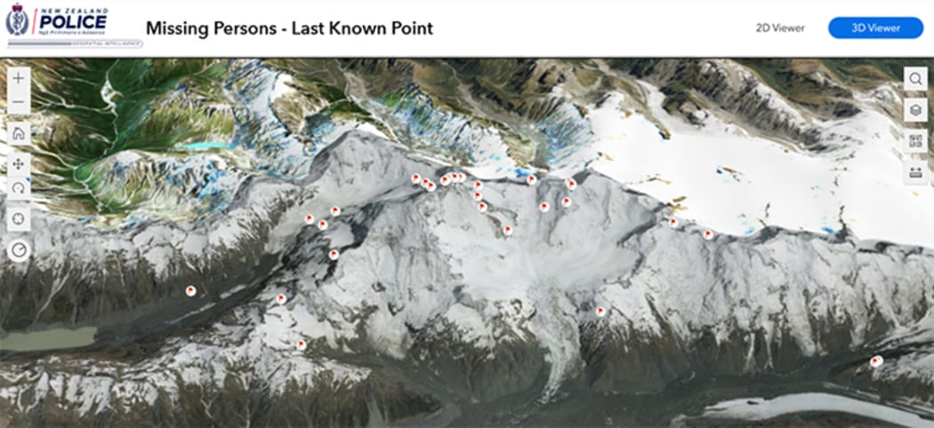 This view of the map shows the last known location of missing persons on Aoraki Mt Cook.
