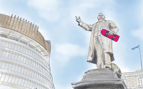 Cartoon image - Statue of NZ Premier Richard Seddon carrying a skateboard