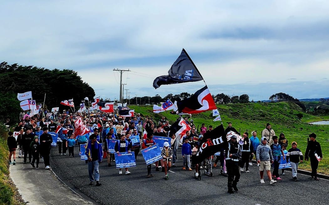 People marching through Patea in a hīkoi to oppose seabed mining, on 2 October, 2024.