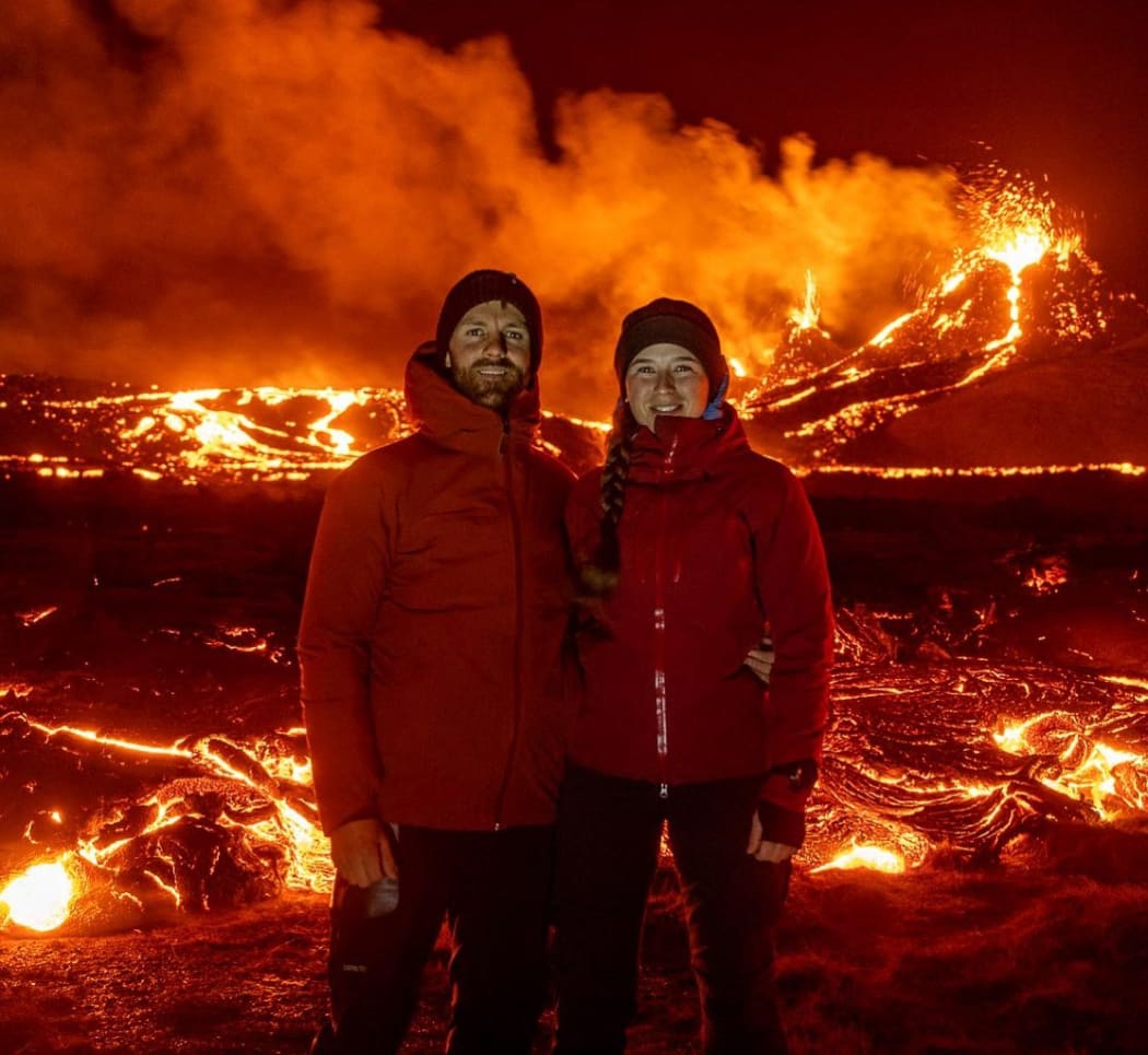 Rowan Bashford and partner Guony Dilja Helgadottir at Mount Fagradalsfjall