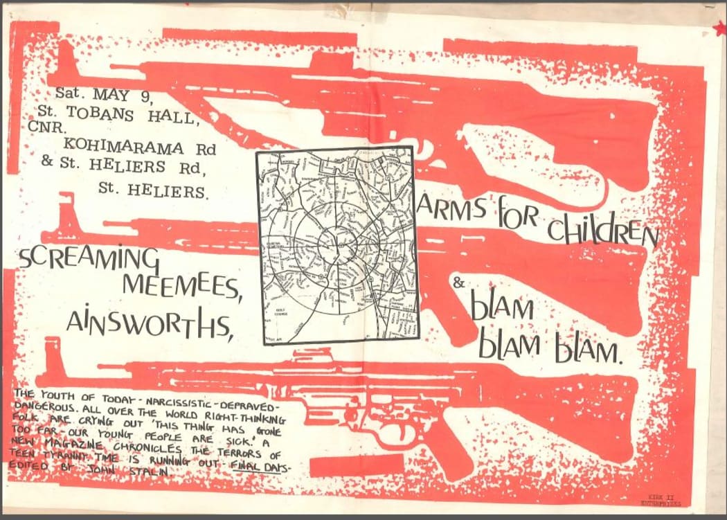 A May 1981 poster for so called "North Shore Invasion" bands in Kohimarama, Auckland, with The Screaming Meemees, Blam Blam Blam, Alms For Children and The Ainsworths